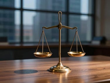 A classic brass scale of justice standing on a polished wooden surface, soft corporate window light casting long shadows, warm editorial photography, shallow depth of field, 35mm