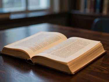 Close-up of a vintage leather-bound law book open on a dark mahogany desk, soft golden light highlighting the textured paper, warm editorial photography, shallow depth of field, 35mm
