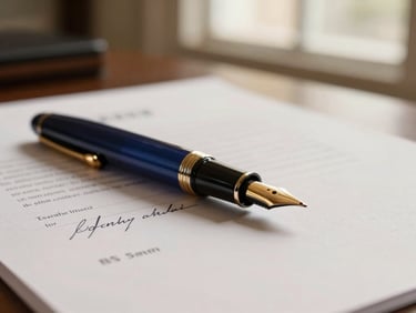 An elegant fountain pen resting on a signed legal document, warm gold highlights on the nib, deep night blue tones in the background, warm editorial photography, shallow depth of field, 35mm
