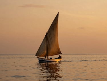 Warm golden hour landscape of Lamu island, traditional dhow sailboat gliding slowly on calm waters, terracotta tones