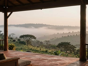 A quiet high-end safari lodge veranda looking out over the misty hills of Rwanda at dawn, soft atmospheric light