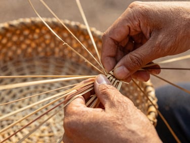Close up of hands weaving a traditional basket with dyed sisal fibers, warm natural light, shallow depth of field