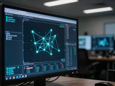 Extreme close-up of a threat-detection dashboard on a large monitor, electric cyan indicator lines highlighting anomalous network nodes, dark operations room background with secondary screens glowing faintly, overhead cool white lighting, framed slightly left of center with generous dark space to the right