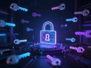 Abstract visualization of glowing digital license keys and security layers floating in a dark, structured virtual environment.