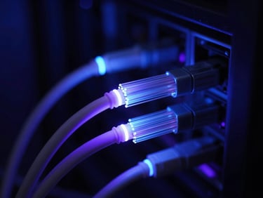 Macro shot of glowing fiber optic cables in a dark server room, deep blue and violet ambient lighting, shallow depth of field, sharp focus, cinematic technology photography