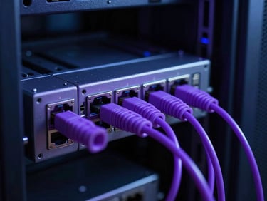 Close-up of a high-speed fiber optic switch with glowing purple cables plugged into ports, dark high-contrast server room background.