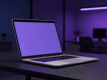 A sleek modern corporate laptop open on a dark slate desk, subtle violet screen glow, minimal architectural office background, shallow depth of field.