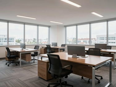 Wide shot of a clean modern office interior, empty desks with polished surfaces gleaming under natural daylight from large windows, no people, fresh and orderly