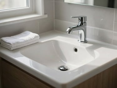 Close-up of a freshly scrubbed residential bathroom, gleaming white sink and chrome faucet catching natural window light, clean towel folded neatly on the counter, no people