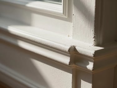 Extreme close-up of a freshly cleaned baseboard corner — natural window light raking across the white painted surface, fine dust-free edge visible, no people, warm shallow depth of field
