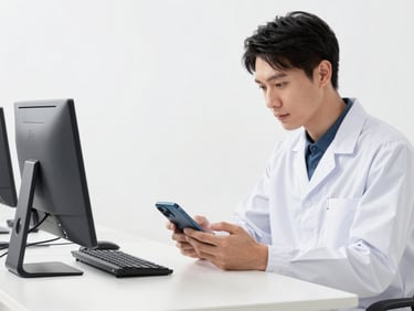 Technician assisting a customer with smartphone data transfer at a clean support desk, bright clean studio lighting, soft shadows, sharp focus, modern tech aesthetic