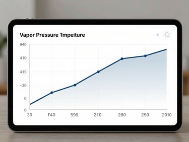 Full-screen app interface screenshot showing a vapor pressure versus temperature plot for a single chemical compound, clean axis labels, crisp line curve on a white background, UI chrome minimal and precise, no decorative elements