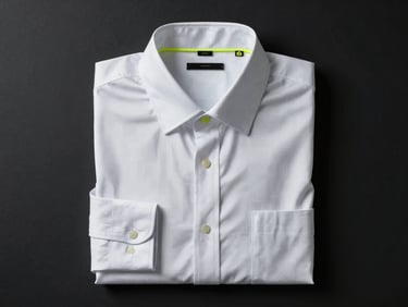 Precise clothing flatlay of a white dress shirt with a subtle geometric pattern, cyber-lime accent, cool high-contrast studio lighting, deep obsidian background.