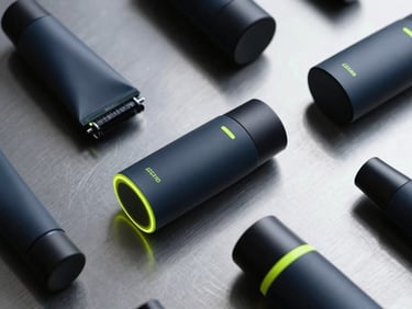 High-angle shot of sleek, minimalist grooming products on a brushed metal surface, subtle neon rim lights, cyber-lime accents, cool high-contrast studio lighting.