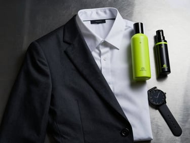 Sleek tech-editorial photography of a precise clothing flatlay: tailored dark suit jacket, crisp white shirt, minimalist watch, and high-quality grooming products on a brushed metal surface, cool high-contrast studio lighting, cyber-lime accents.