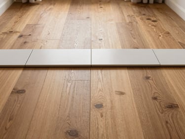 Straight-on architectural elevation of a completed oak hardwood floor transition meeting a clean slate tile threshold with millimeter-precision alignment.