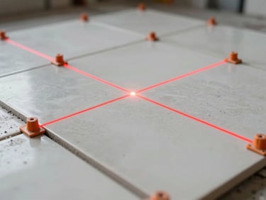 Close-up of large-format porcelain tiles being laid with orange leveling clips in place, a red laser level line projecting across the grid.