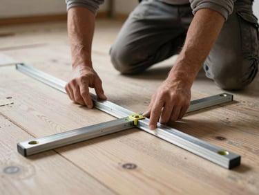 An installer checking subfloor flatness with a heavy-duty aluminum straightedge under bright directional work lights, showcasing structural precision.