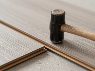 Macro shot of interlocking luxury vinyl planks being tapped into place with a rubber mallet, showing seamless, zero-gap joints.