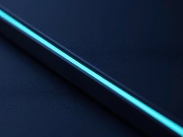 Macro close-up of a physical edge computing unit with glowing electric cyan rim lights cutting through deep shadow, sleek 3D render, low-key futuristic lighting.