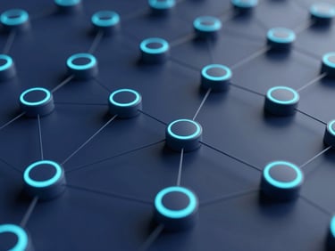High-fidelity abstract 3D nodes structured as a clean, minimalist vector network diagram with sharp electric cyan rim lights cutting through deep shadow.