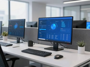 A modern workspace with clean screens showing real-time dashboard metrics, crisp cool-toned office daylight, slate and electric blue tones, 35mm.