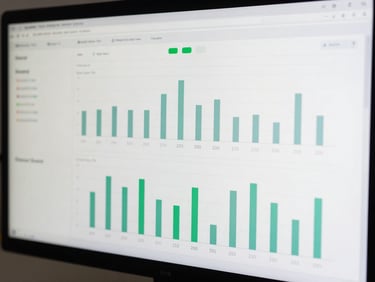 Crisp, unembellished close-up of a custom operational dashboard displayed on a clean monitor, showing clear bar charts and green status indicators, high contrast.