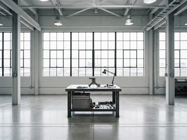 Straight-on architectural photo of a clean, high-contrast industrial workspace, bright daylight, minimal composition with desaturated cool tones.