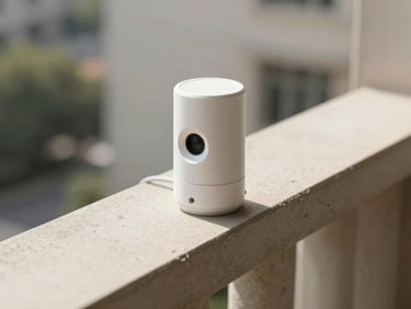 A small weather sensor node mounted on a clean concrete balcony, bright daylight, 35mm lens