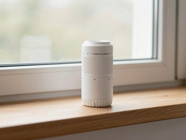 A clean white helium hotspot miner sitting on a wooden window sill, soft daylight, 35mm lens
