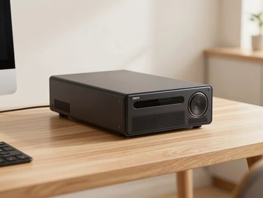 A sleek compact server rig on a tidy home office desk, warm wood tones, soft depth of field, 35mm lens