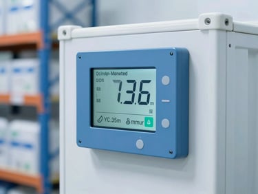 Close-up of temperature-monitored medical shipping container with digital display, clinical warehouse setting, sharp focus.