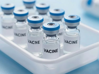 Macro close-up of sterile vaccine vials in a secure tray, cool blue tones, clinical daylight, sharp focus.
