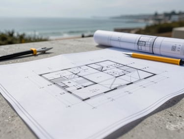 Close-up of physical blueprints resting on a concrete surface, technical drawing tools, overcast coastal daylight.