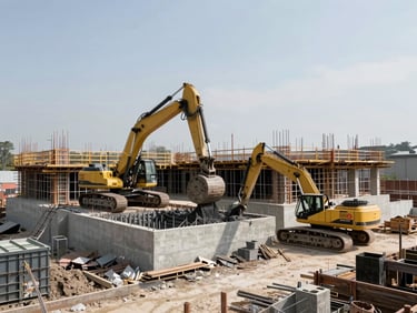 Concrete pouring process on a large-scale real estate development site, active machinery, professional architectural framing.