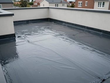 The same residential terrace after complete waterproofing rehabilitation — clean, smooth new membrane surface with correct drainage slope, dry parapet walls, photographed in natural overcast daylight at eye level across the terrace surface, no people, no furniture