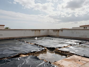 Wide shot of a flat residential terrace with severe water damage — standing water pooling at the drain, cracked and lifting waterproof membrane, efflorescence staining on the parapet walls, overcast Mediterranean daylight, no people, shot from terrace level looking across the surface