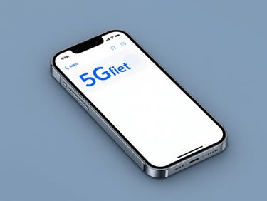 Sleek modern smartphone displaying a clean 5G network signal bar on a crisp slate-blue background, high-key studio lighting, sharp focus on screen details.