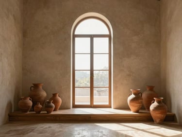 Sunlight streaming through a tall arched window onto a minimalist altar space, terracotta vessels arranged on a low oak platform, warm linen textures, soft morning light casting long organic shadows, architectural detail shot