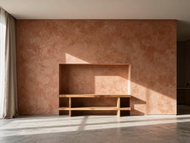 Wide architectural shot of a sun-drenched modern living room, a minimalist wooden altar niche integrated into a clean terracotta plaster wall, soft morning shadows, high-end linen drapery.