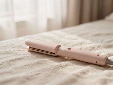 Sleek hair straightener and curling wand on a soft beige textile, soft morning window light, cream and blush tones, shallow depth of field, 35mm