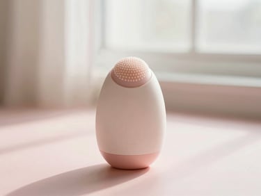 Modern facial cleansing device on a smooth, blush pink surface, soft morning window light, cream and blush tones, shallow depth of field, 35mm