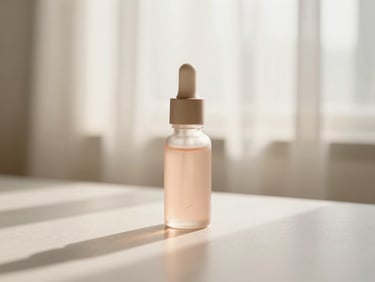 Small serum bottle with pipette, soft morning light, cream and blush tones, shallow depth of field