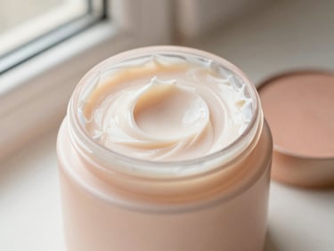 Open hair mask jar with creamy texture, soft morning light, cream and blush tones, shallow depth of field