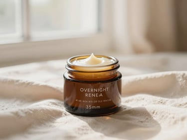 Dark amber glass jar of overnight renewal balm on a soft cream fabric, soft morning window light, cream and blush tones, shallow depth of field, 35mm