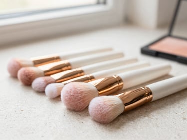 Assortment of professional makeup brushes with soft bristles on a clean, textured stone surface, soft morning window light, cream and blush tones, shallow depth of field, 35mm