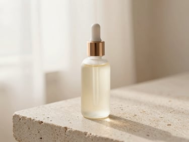 Dropper bottle of hair oil on textured stone, soft morning light, cream and blush tones, shallow depth of field