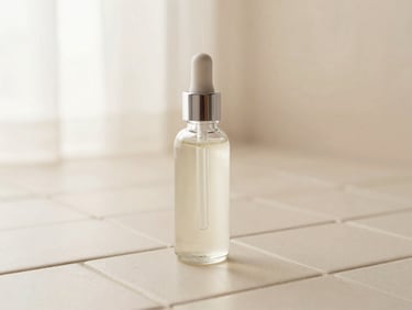 Clear glass bottle with a silver cap, filled with a viscous hyaluronic acid serum, on a cream ceramic tile, soft diffused light, elegant product photography