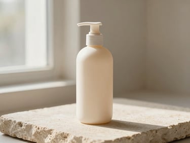 Minimalist shampoo bottle on textured stone, soft morning light, cream and blush tones, shallow depth of field