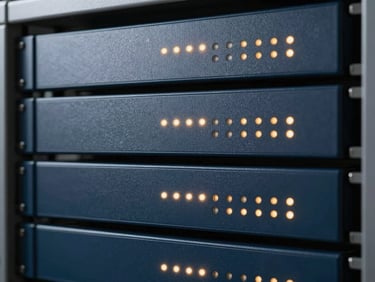 Close-up of a firewall appliance with indicator lights, mounted in a rack, high-contrast shadows, deep slate and amber tones, clean architectural composition, 50mm lens.